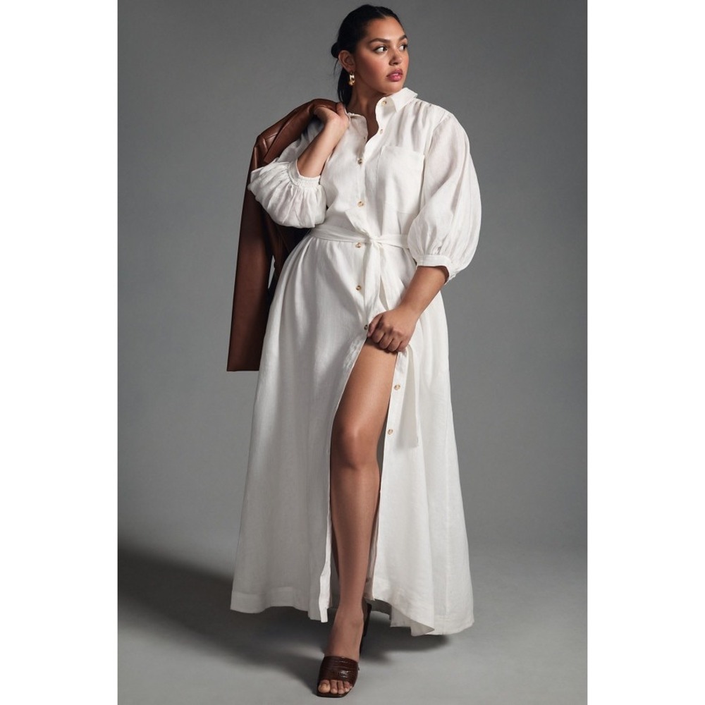 Maeve Anthropologie Mona White Linen Maxi Shirt Dress Puff Sleeve Pocket L